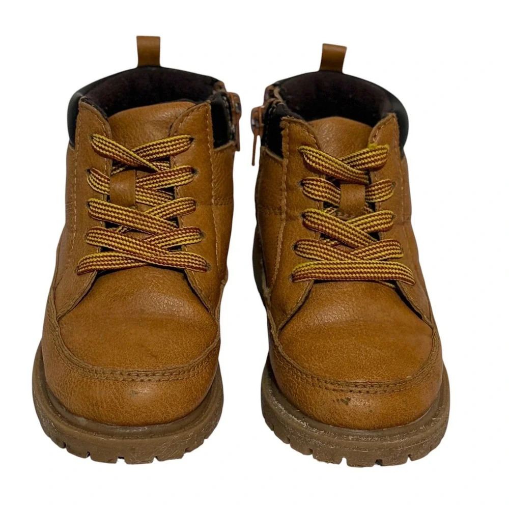 Carters Toddler Boys Tan Faux Leather Work Boots Side Zip Size 7M Brown Rugged